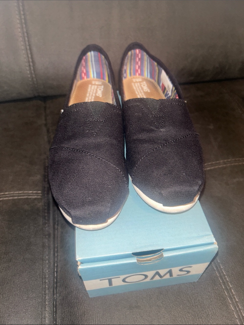 Toms Black Canvas Slip-On Flats with Striped Lining